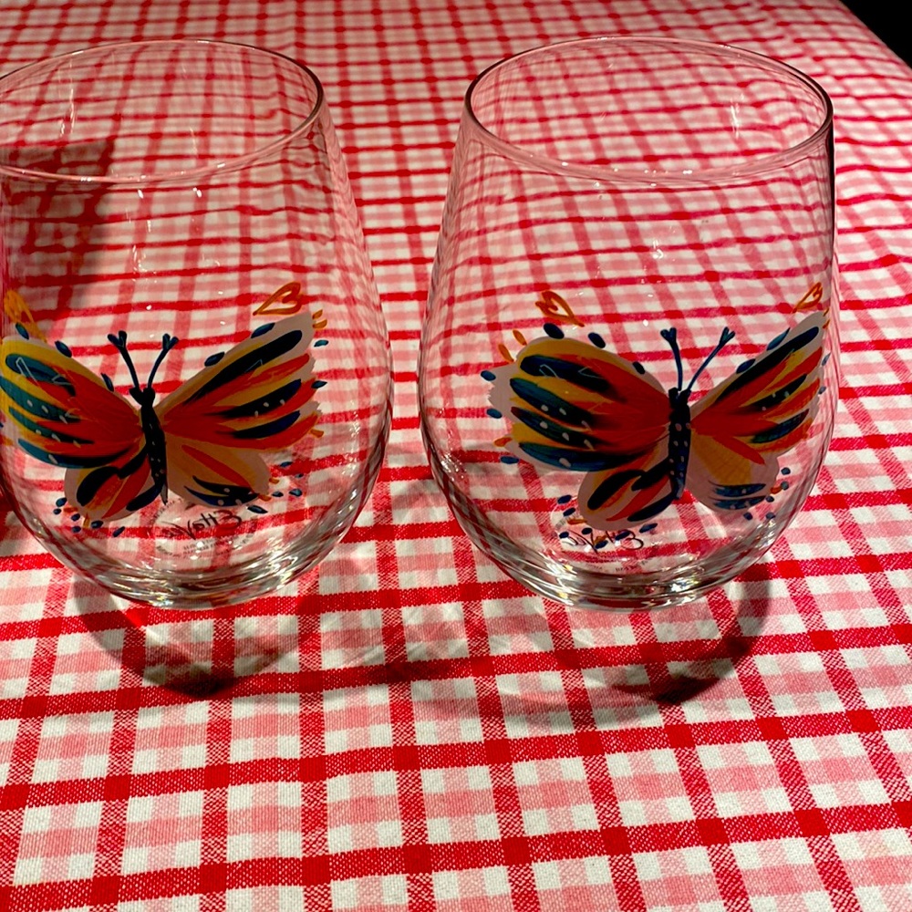 Set of 2 hand painted wine glasses. Butterflies in blue and pink New in box
